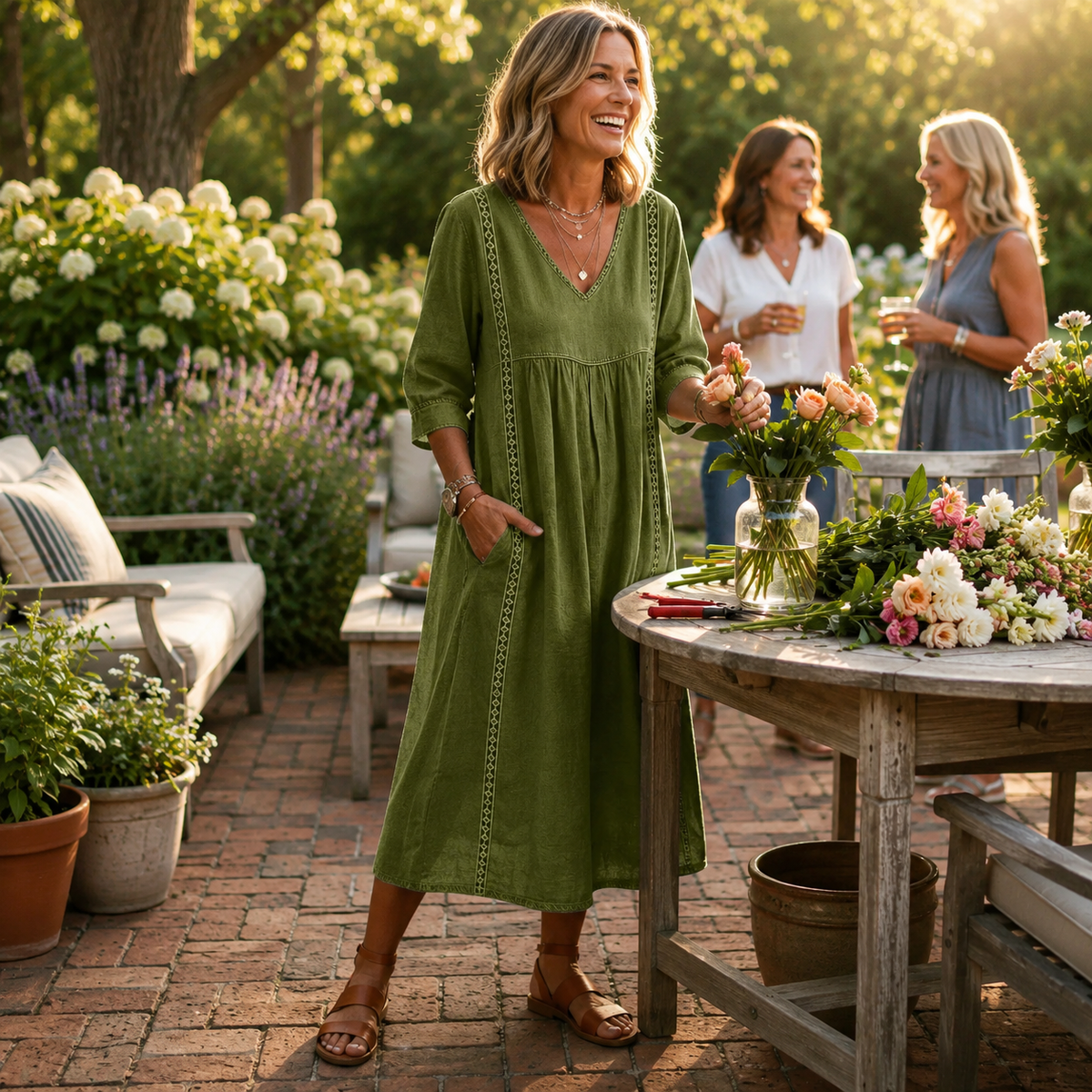 Army green lightweight maxi dress with ruched V-neck and 3/4 sleeves