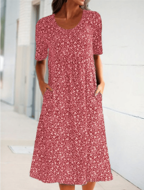 Red round-neck floral dress with white speckle print and short sleeves