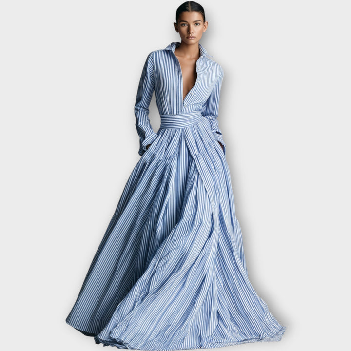 Striped button maxi dress, long sleeve collar, belted waist, flowing A-line skirt