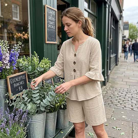 Cream casual set with button-front tunic and knee-length shorts, ruffled sleeve details