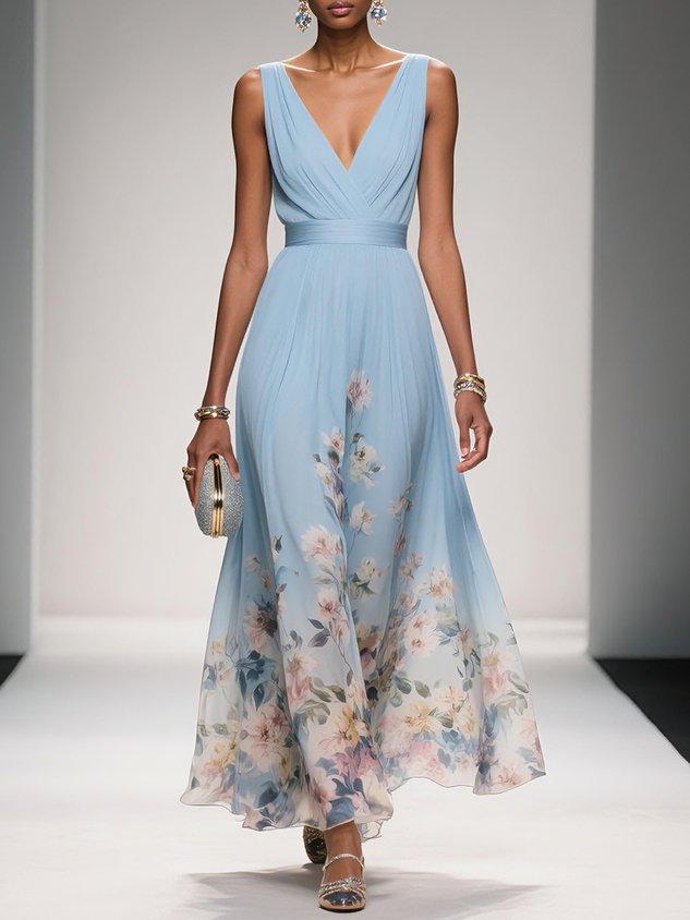 Light blue sleeveless V-neck floral print wrap dress with flowing skirt