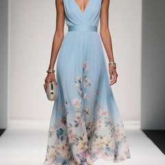 Light blue sleeveless V-neck floral wedding guest dress with draped waist and full skirt