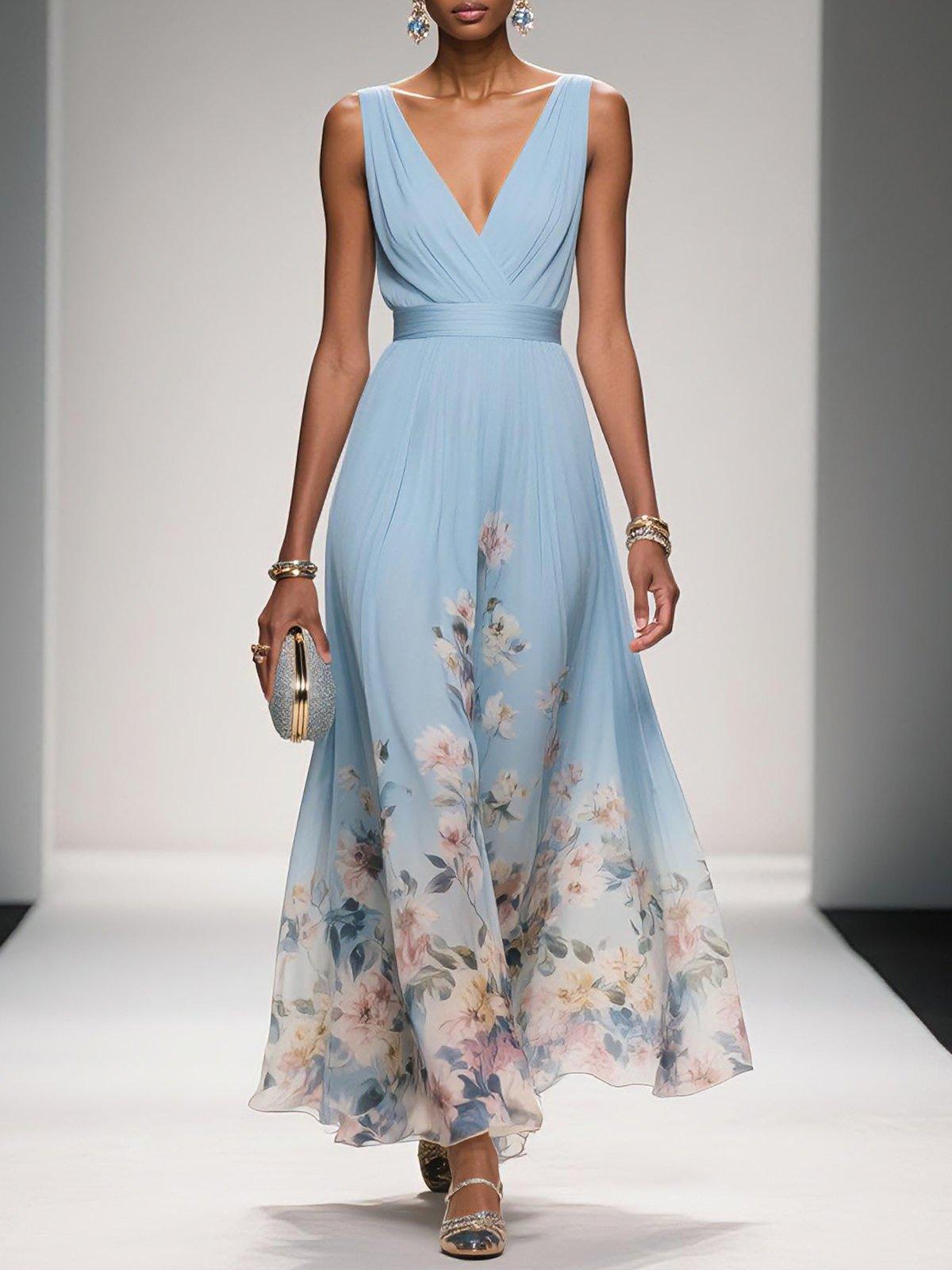 Light blue sleeveless V-neck floral wedding guest dress with draped waist and full skirt