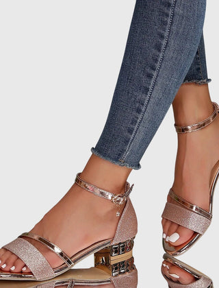 Orthopedic heeled sandals in rose gold glitter, T-strap and ankle buckle with chunky gold heel