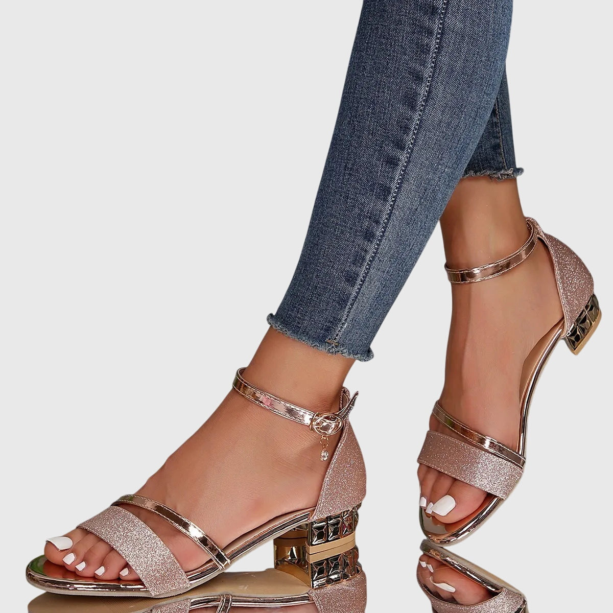 Orthopedic heeled sandals in rose gold glitter, T-strap and ankle buckle with chunky gold heel