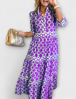 Purple chain-print midi dress with short sleeves and tiered skirt