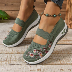 Green knit orthopedic comfort slip-on shoes with floral embroidery and cushioned sole