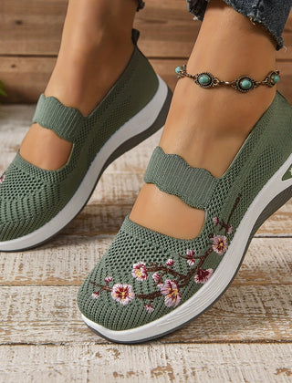 Green knit orthopedic comfort slip-on shoes with floral embroidery and cushioned sole