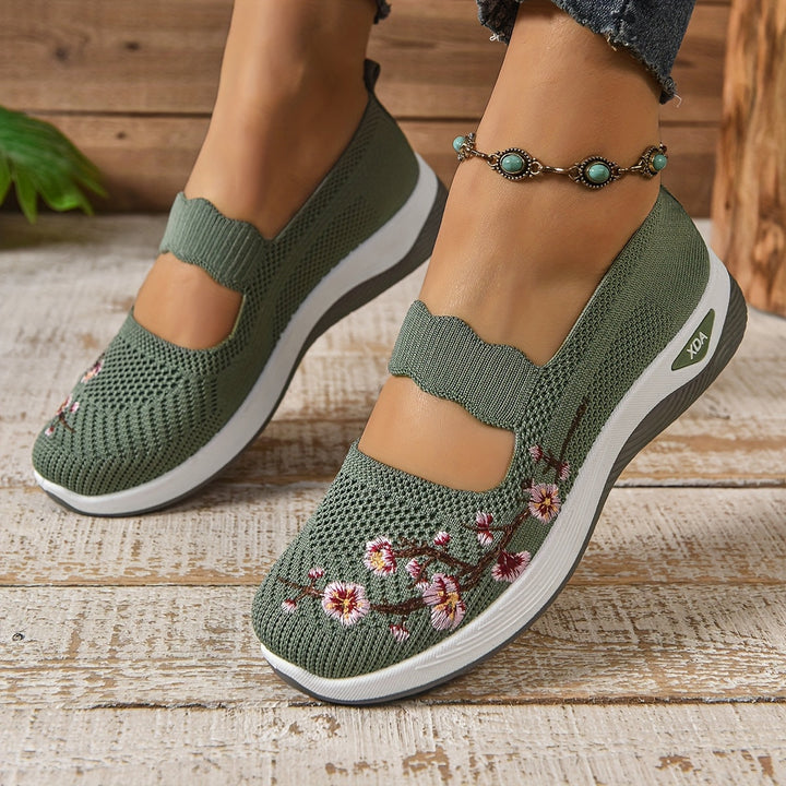 Green knit orthopedic comfort slip-on shoes with floral embroidery and cushioned sole