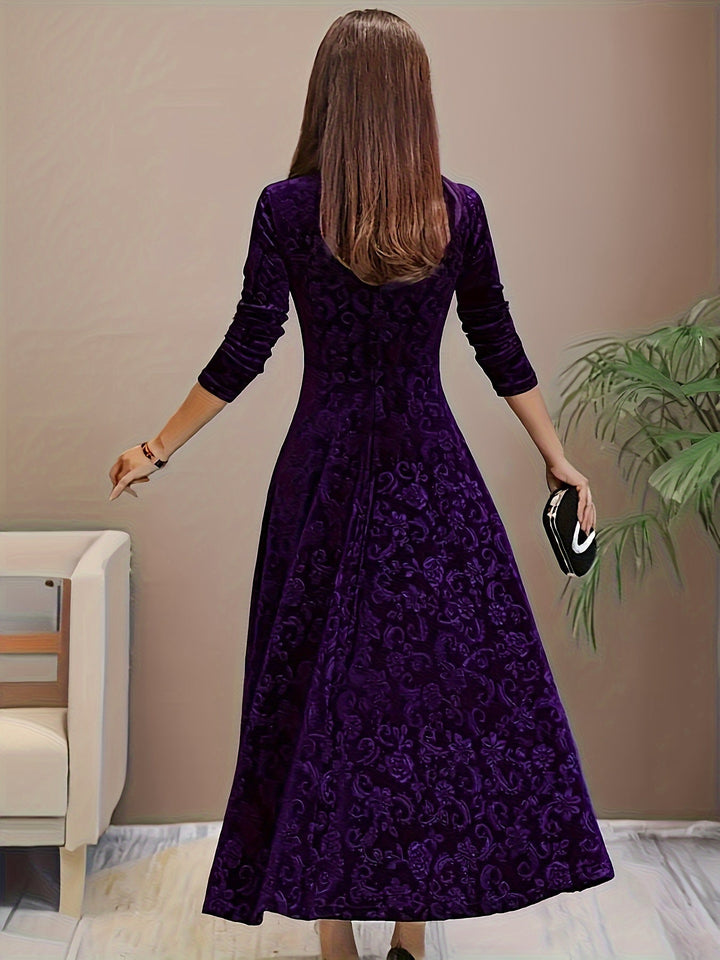 Purple velvet midi A-line dress back view, square neckline, long sleeves, floral pattern