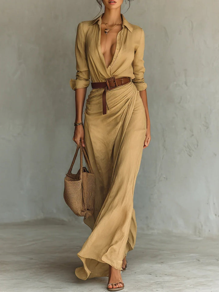 Beige long-sleeve shirt dress with deep V-neck and matching belt