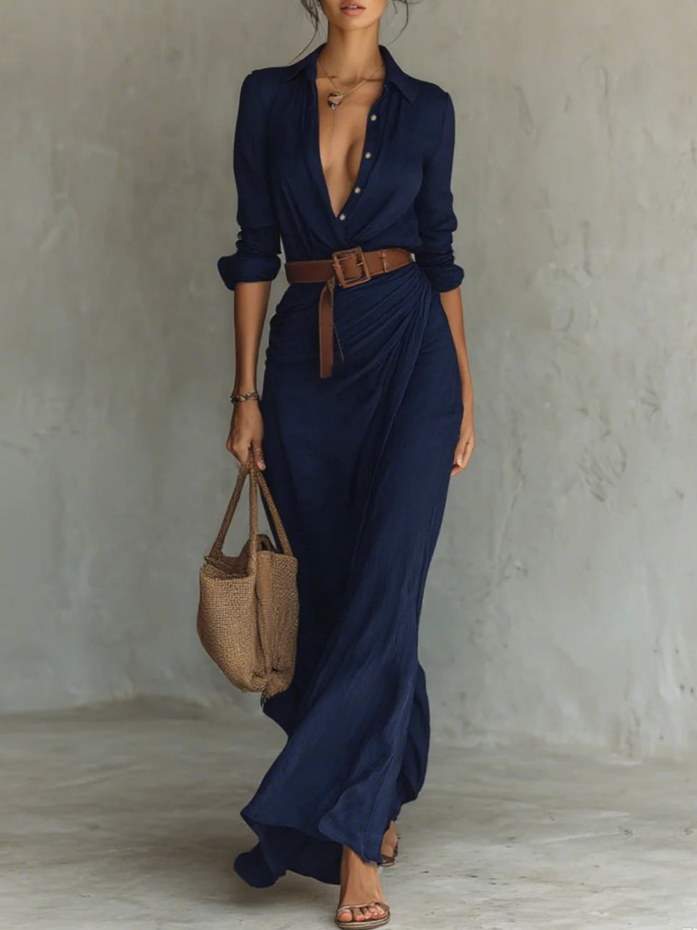 Blue long-sleeve shirt dress with deep V-neck and matching belt