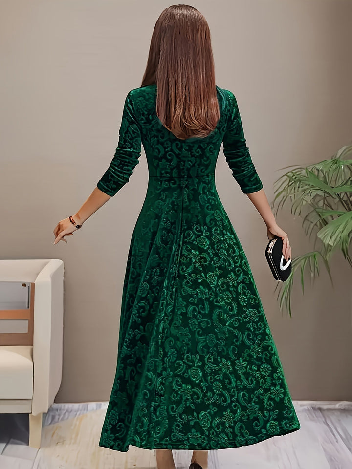 Green velvet midi A-line dress back view, square neckline, long sleeves, floral pattern