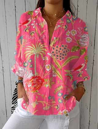 Multicolour tropical floral blouse with V-neck, long sleeves, button placket