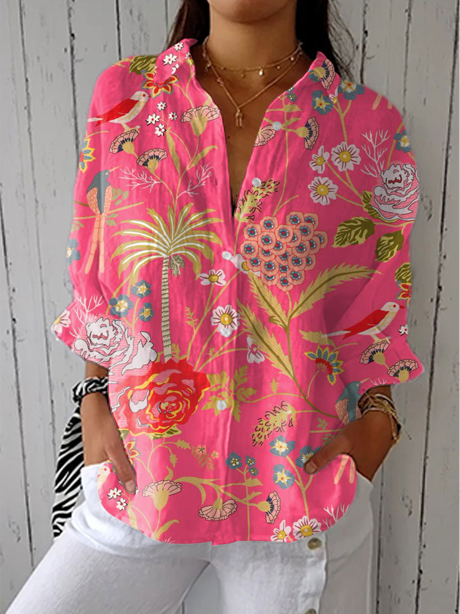 Multicolour tropical floral blouse with V-neck, long sleeves, button placket