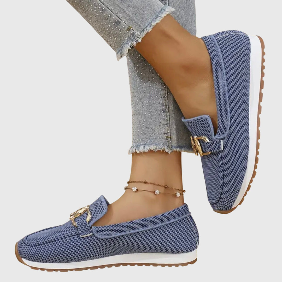 Blue mesh orthopedic loafers with gold buckle ornament and treaded sole