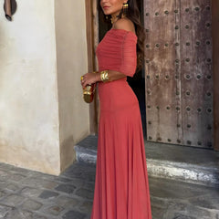 Berry red ruched sleeveless maxi dress with flowing tiered skirt, side view