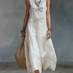 White sleeveless maxi dress with dragonfly embroidery and tiered skirt