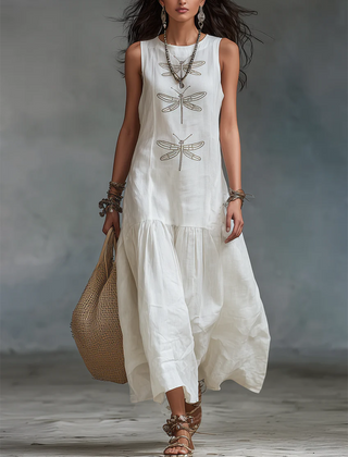 White sleeveless maxi dress with dragonfly embroidery and tiered skirt