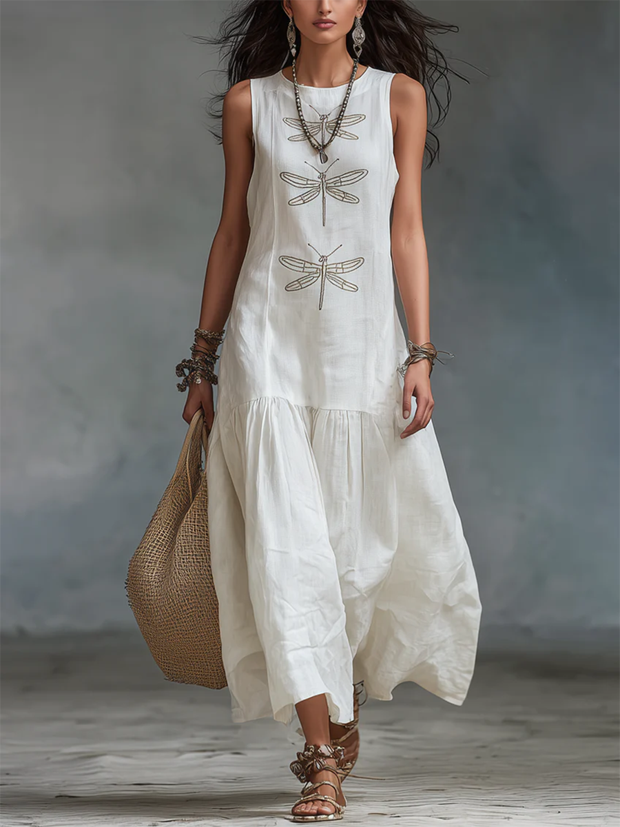 White sleeveless maxi dress with dragonfly embroidery and tiered skirt