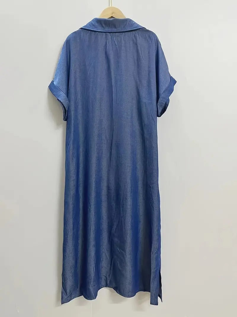 Blue shirt dress back view with short sleeves and loose A-line hem
