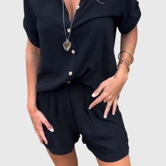 Women’s summer set in black: button-front shirt with matching shorts
