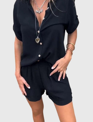 Women’s summer set in black: button-front shirt with matching shorts