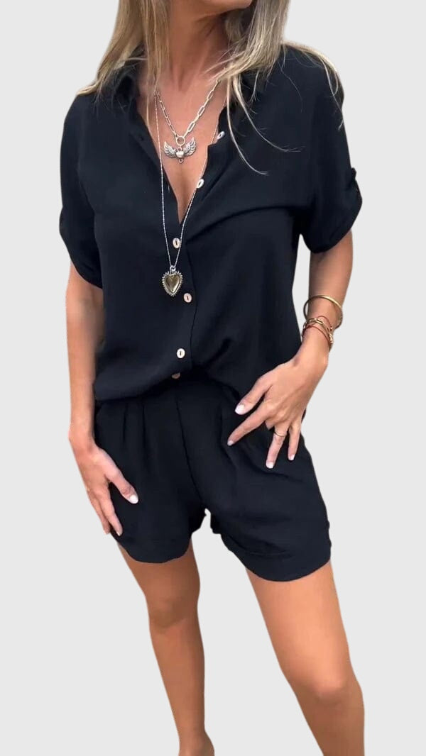 Women’s summer set in black: button-front shirt with matching shorts