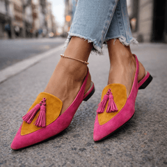 Pink and mustard suede tassel sandals with purple tassels and ankle chain