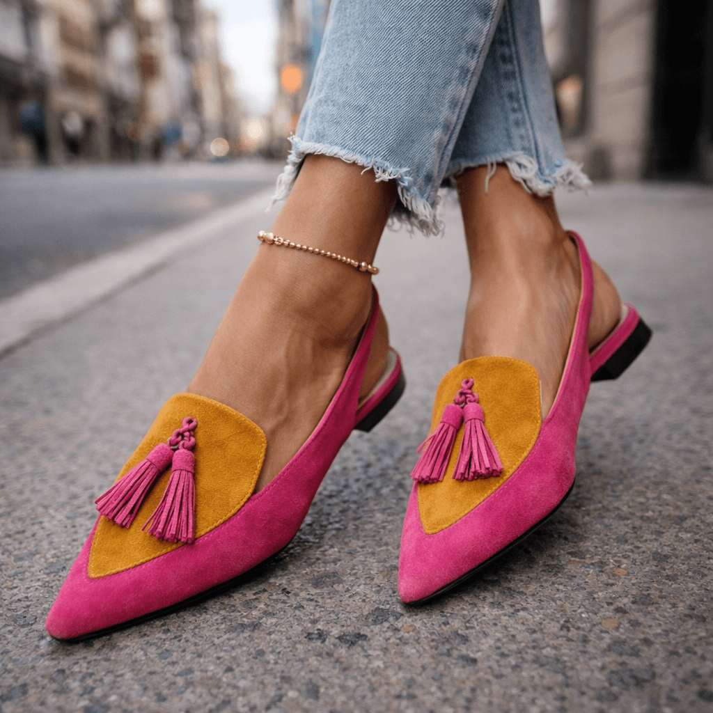 Pink and mustard suede tassel sandals with purple tassels and ankle chain