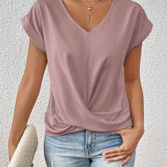 Women's mauve V-neck T-shirt with short sleeves and front twist drape.