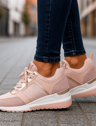 Pink lace-up sneakers with perforated side panel and chunky white sole.