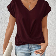 Women's burgundy V-neck T-shirt with short sleeves and front twist drape.