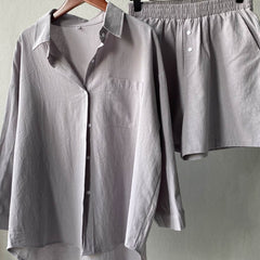 Light gray button-front shirt and elastic-waist shorts set