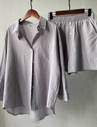 Light gray button-front shirt and elastic-waist shorts set