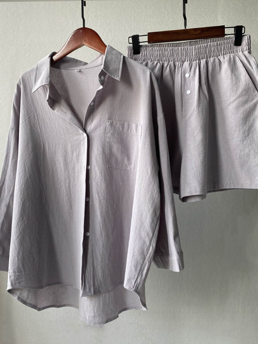 Light gray button-front shirt and elastic-waist shorts set