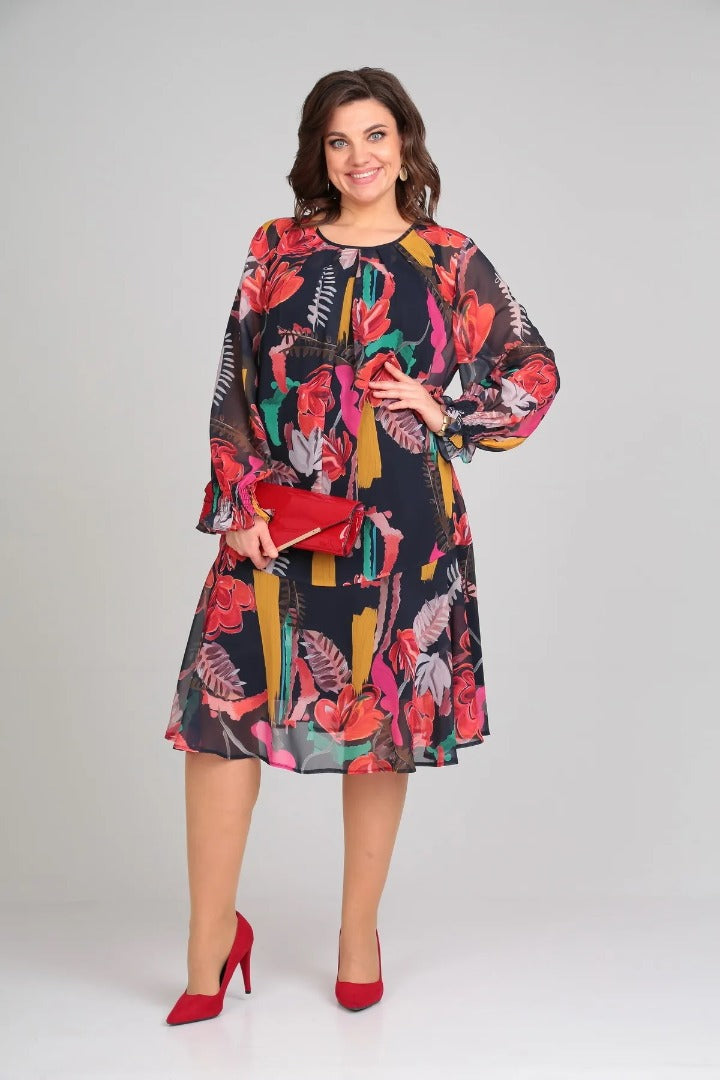 Florinda™ floral dress, dark navy with red/green/pink print; long sleeves, knee-length A-line