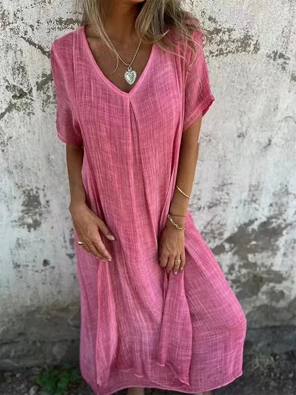 Pink breathable V-neck dress with short sleeves, loose draped silhouette