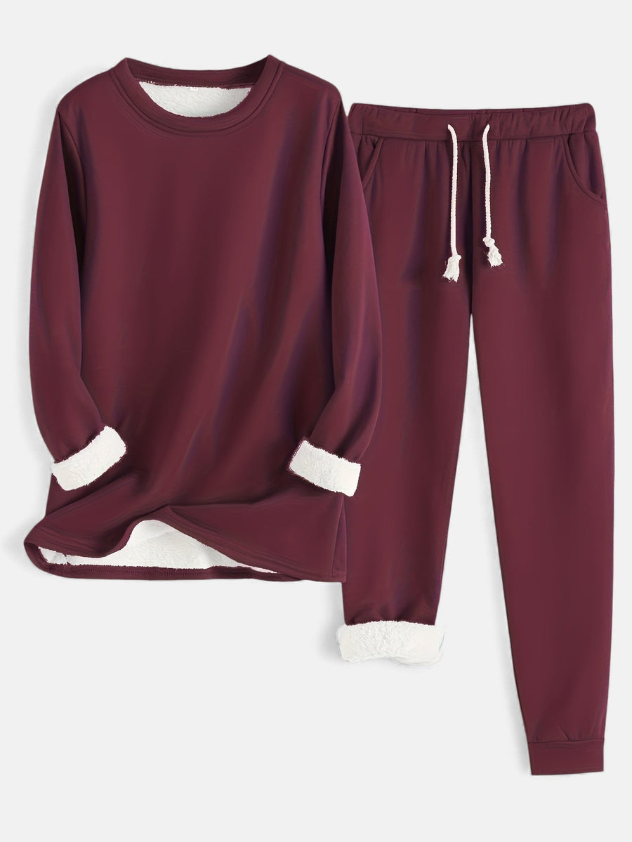 Burgundy long-sleeve sweatshirt and drawstring jogger pants set with knit cuffs