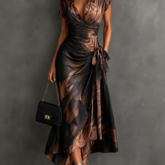 Brown/black wrap midi dress with collared V-neck, short sleeves, tie waist, high-low hem.