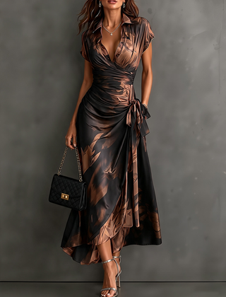 Brown/black wrap midi dress with collared V-neck, short sleeves, tie waist, high-low hem.