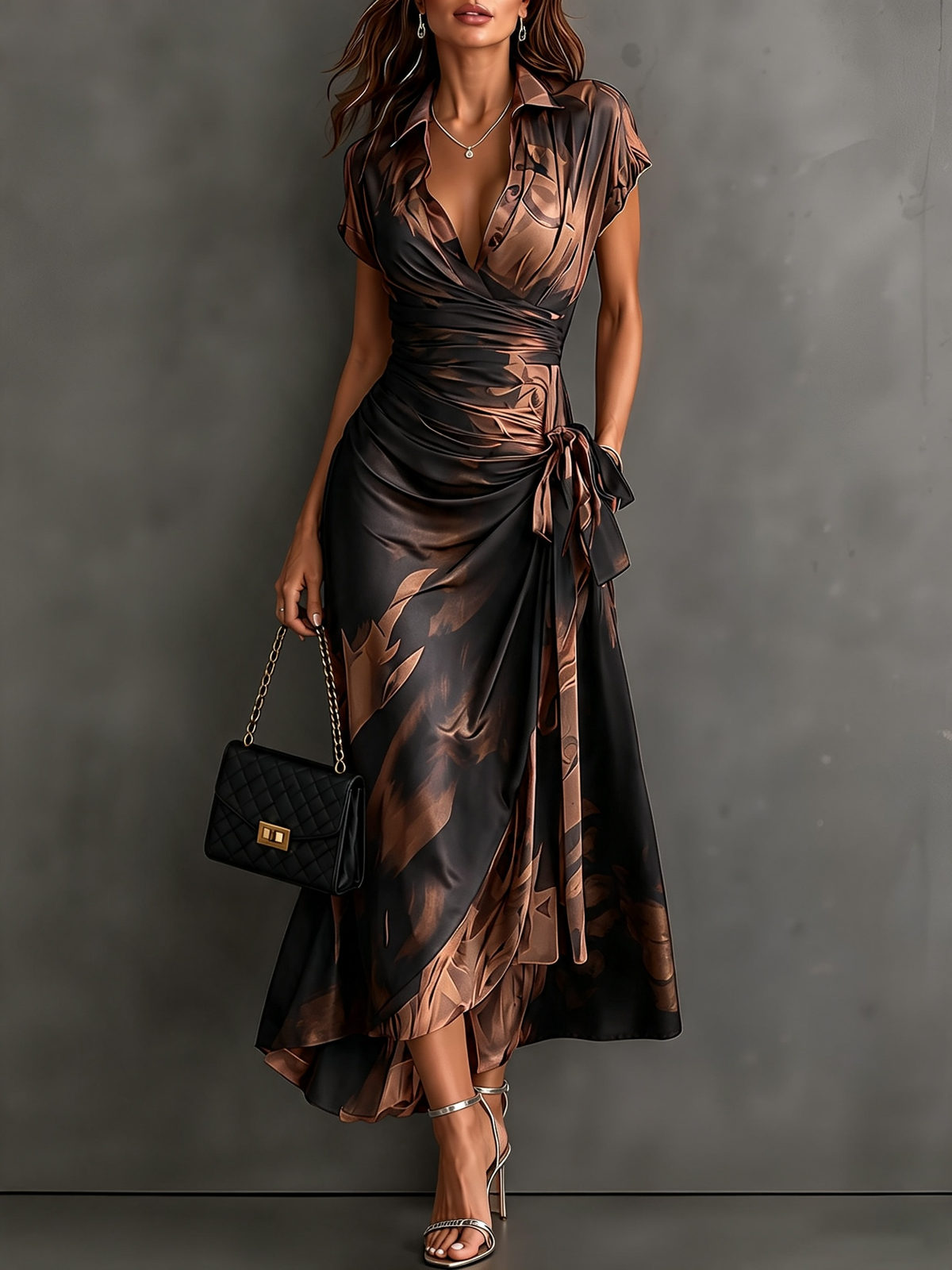 Brown/black wrap midi dress with collared V-neck, short sleeves, tie waist, high-low hem.