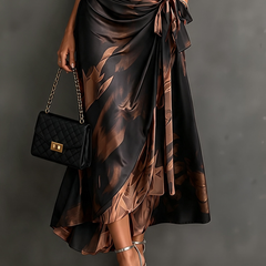 Brown/black wrap midi dress with collared V-neck, tied waist and ruffled high-low hem.