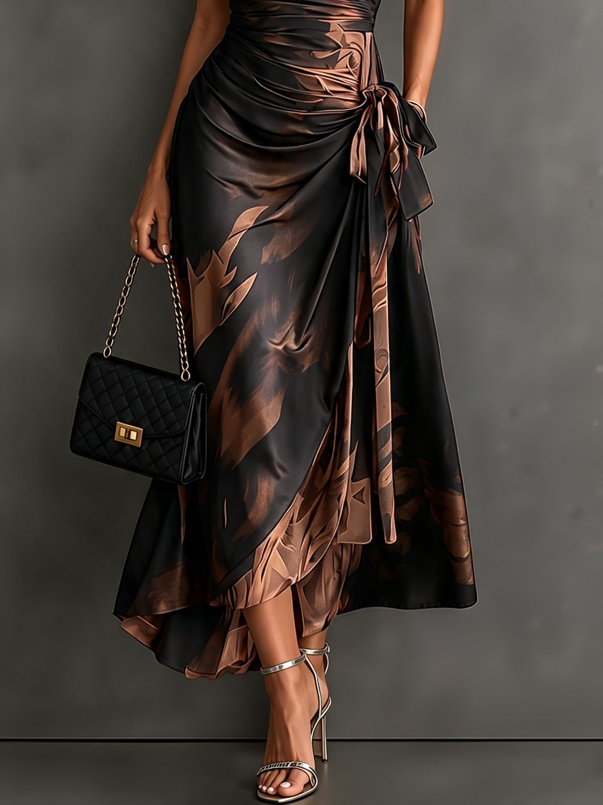 Brown/black wrap midi dress with collared V-neck, tied waist and ruffled high-low hem.