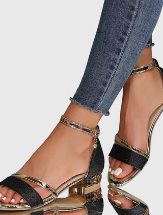 Orthopedic heeled sandals with black glitter straps, metallic trim, and gold-tone block heel