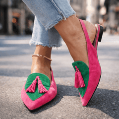 Pink suede tassel sandals with green diamond accents and gold ankle chain