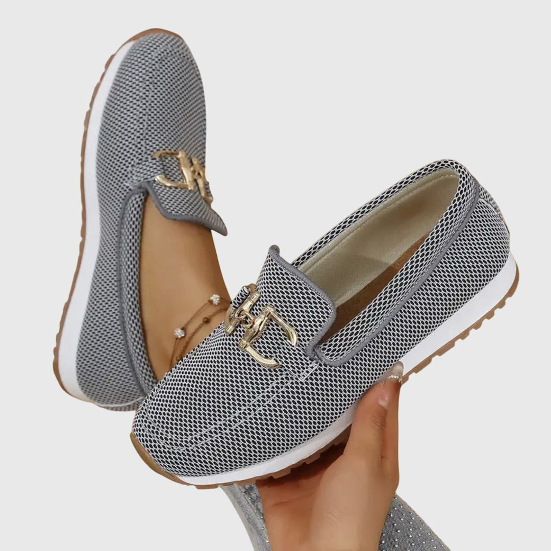 Gray mesh orthopedic loafers with gold buckle ornament and cushioned sole