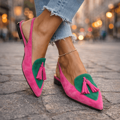 Pink suede tassel sandals with green and contrasting panel accents and ankle chain