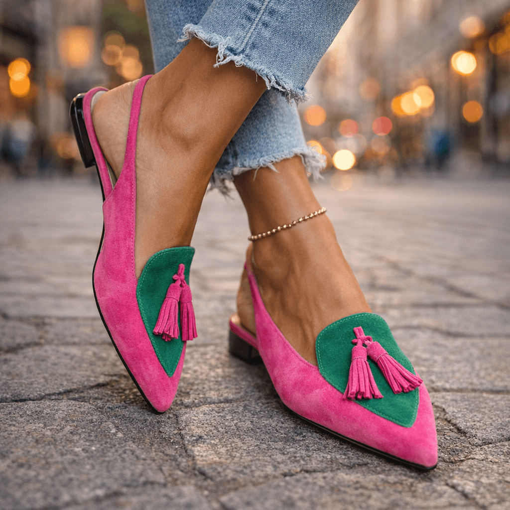 Pink suede tassel sandals with green and contrasting panel accents and ankle chain