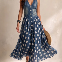 Blue denim sleeveless V-neck dress with button front and polka-dot chiffon skirt